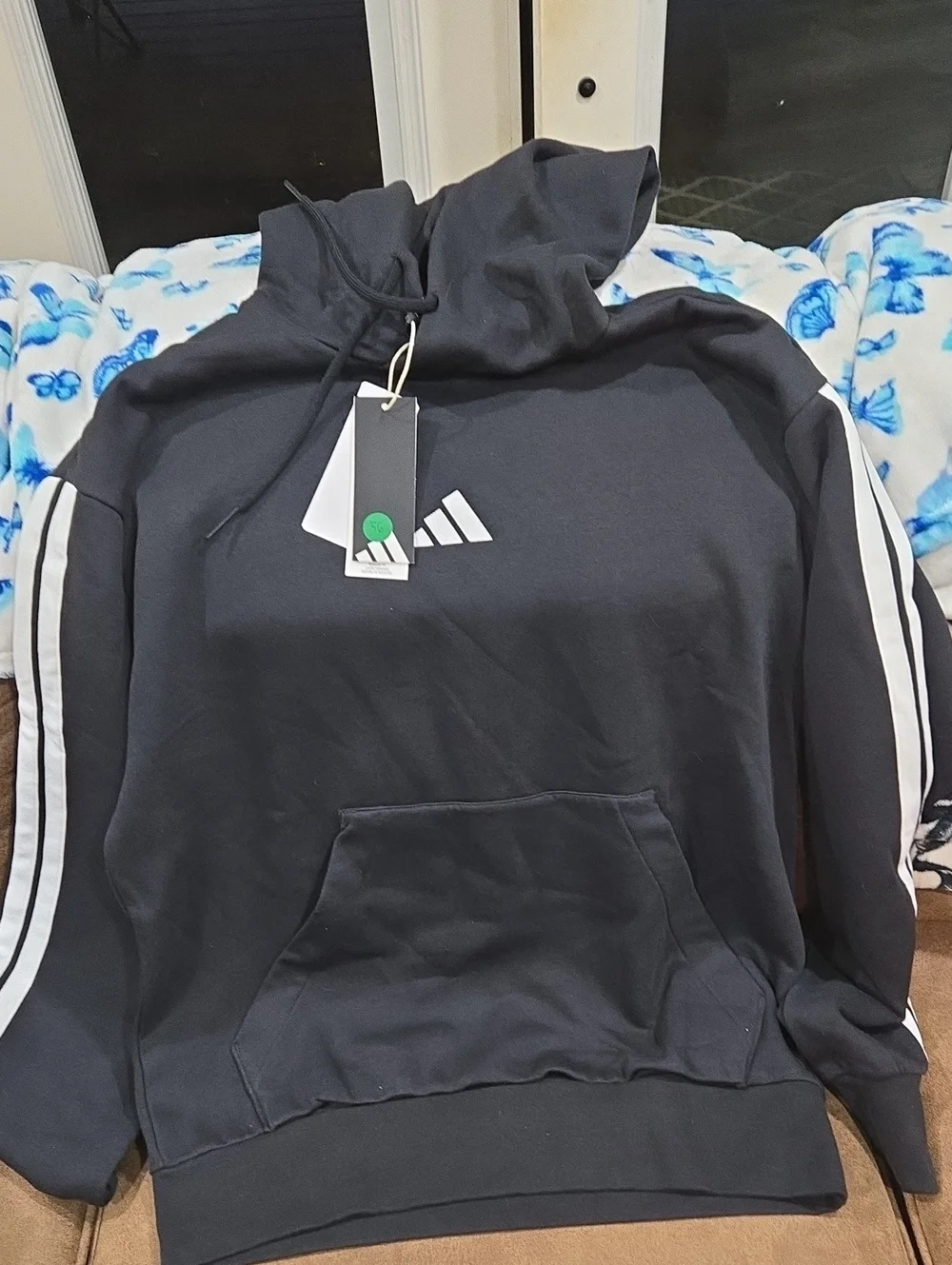adidas Black Hoodie with White Sleeve Stripes